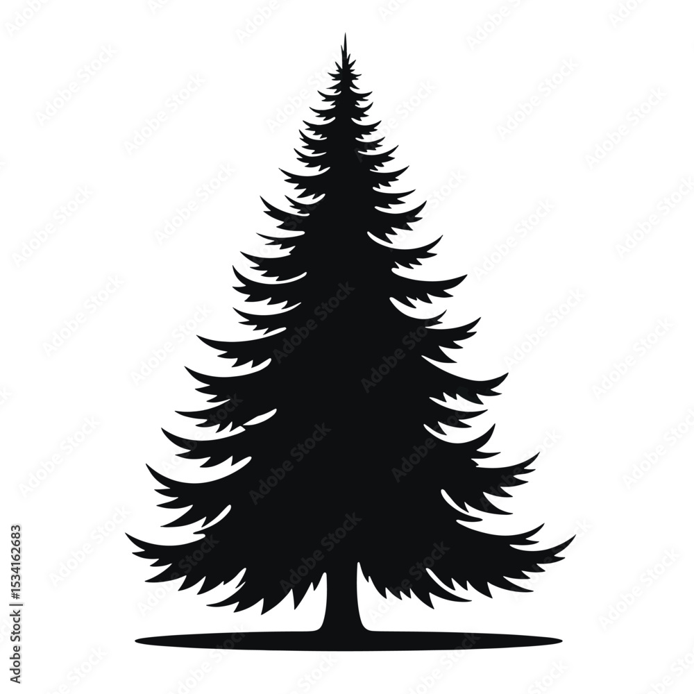 Obraz premium Sharp Triangular Fir Tree Black Silhouette Vector with Needle Layers in Minimal Flat Style Isolated on White Background Full HD