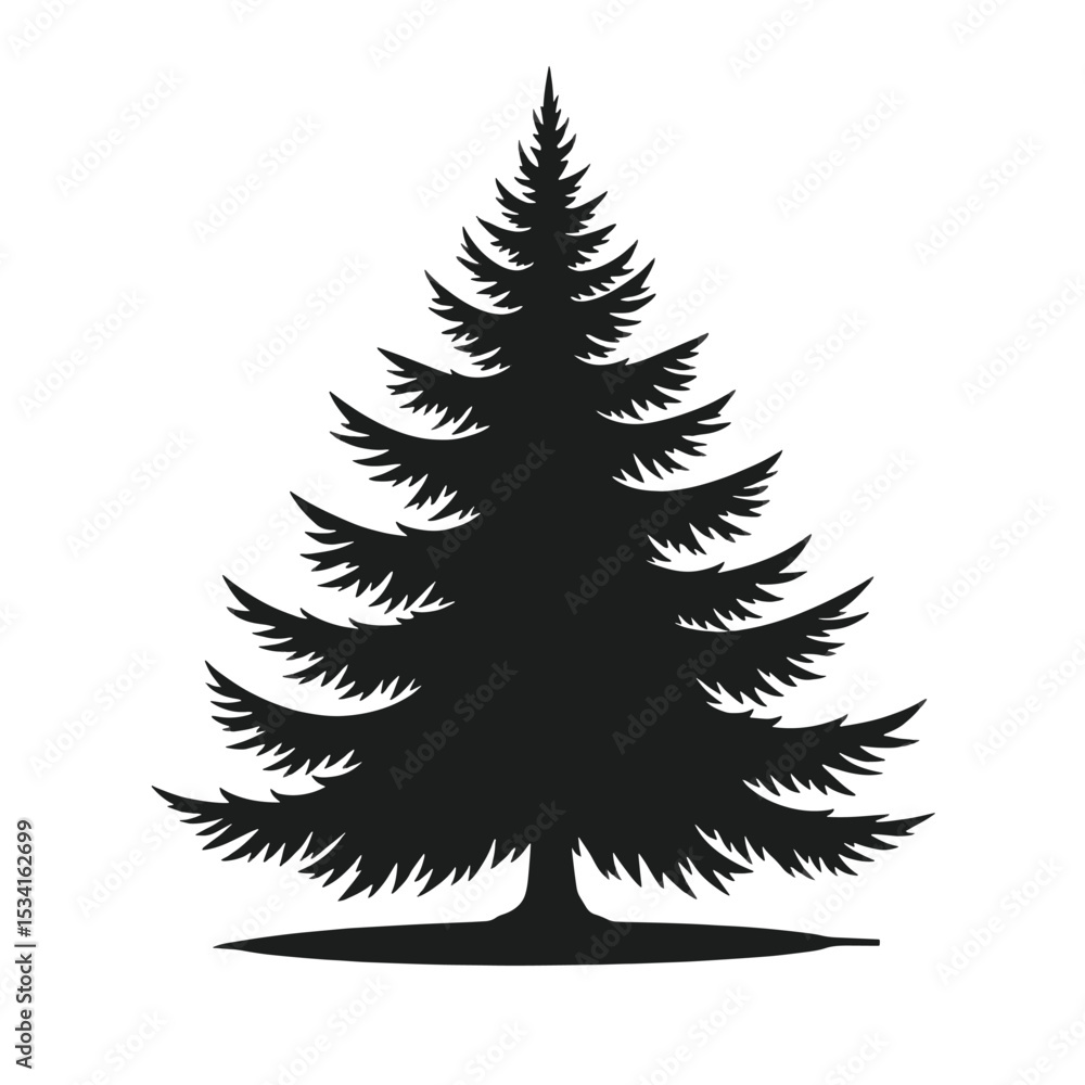 Obraz premium Sharp Triangular Fir Tree Black Silhouette Vector with Needle Layers in Minimal Flat Style Isolated on White Background Full HD