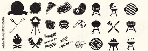 Collection of black and white BBQ and grill-themed vector icons, including meat cuts, grills, utensils, flames, and skewers.