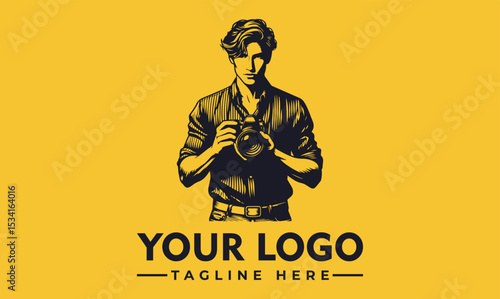 Stylish portrait illustration of a young man holding a professional DSLR camera. Photography hobby concept