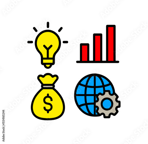 Set of four colorful business icons including a light bulb, bar chart, money bag, and globe with gear. Represents idea generation, financial success, analytics, and global technology.