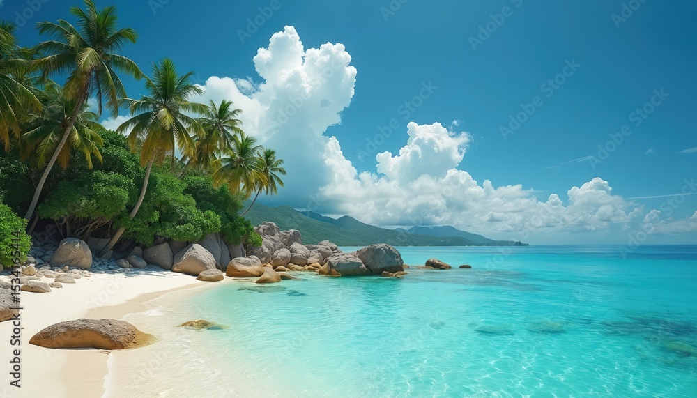 Naklejka premium Tropical beach with white sand palm trees turquoise ocean blue sky with fluffy clouds. Scenic seashore landscape, vacation, travel, relaxation, idyll. Perfect holiday destination, paradise, coast,