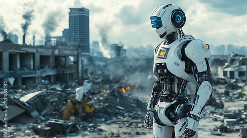 Robot Amidst a Post-Apocalyptic Urban Ruin