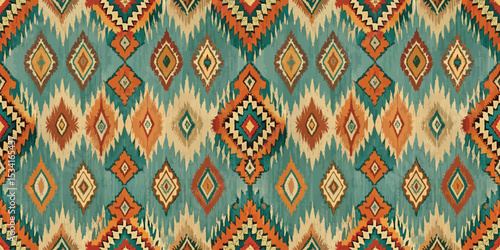 Vibrant geometric pattern in teal, orange, and yellow tones creates a lively design.