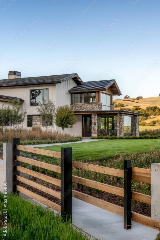A contemporary house featuring expansive windows, beautifully integrated into its natural surroundings, set against the backdrop of a peaceful countryside during sunset A contemporary house featuring expansive windows, beautifully integrated into its natural surroundings, set against the backdrop of a peaceful countryside during sunset