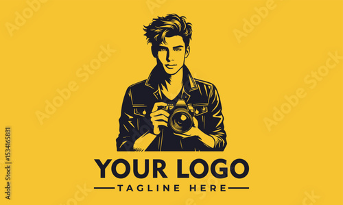 Stylish portrait illustration of a young man holding a professional DSLR camera. Photography hobby concept