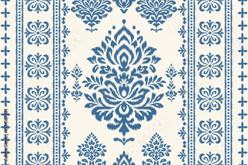 Ikat floral seamless pattern with traditional ethnic decorative border in blue on cream background, perfect for fabric, clothing, decoration, wallpaper, Aztec abstract textile texture illustration.