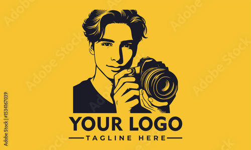 Stylish portrait illustration of a young man holding a professional DSLR camera. Photography hobby concept