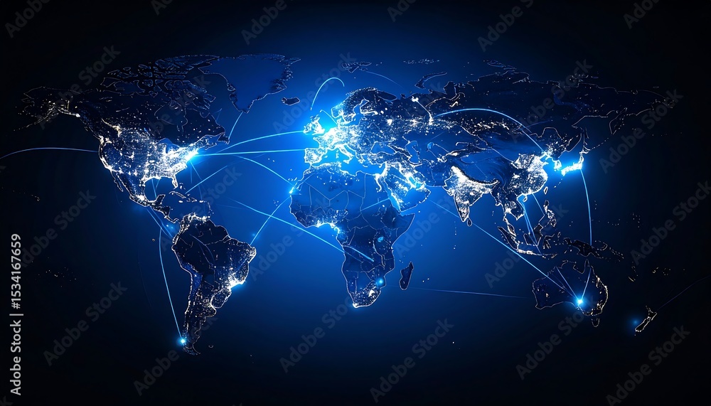 Fototapeta premium Shining map of the world where southern lands connect via light streams
