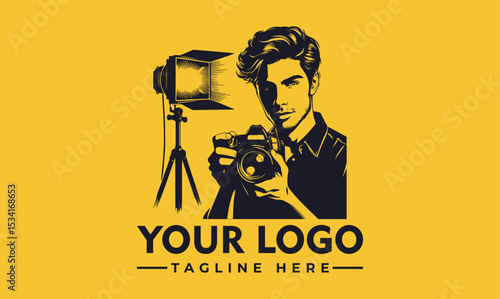 Stylish portrait illustration of a young man holding a professional DSLR camera. Photography hobby concept