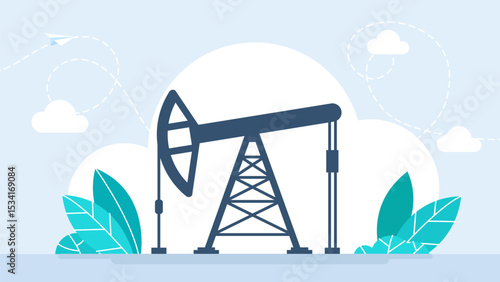 Oil pumpjack rig gas fuel drilling production. Oil pump. Extraction technology market. Industrial petroleum fossil petrol resource power energy pump jack rig extraction mechanical. Vector illustration