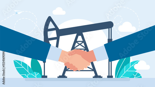 Handshake of two businessmen against the background of a oil rig and pipeline. Agreement for the extraction of petroleum. Oil Industry Production Partnership with Handshaking. Vector illustration