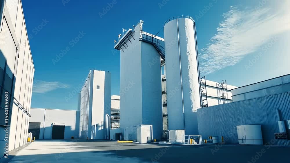 Modern White Industrial Architecture Under Blue Sky with Bright Lighting and Geometric Shapes Modern White Industrial Architecture Under Blue Sky with Bright Lighting and Geometric Shapes