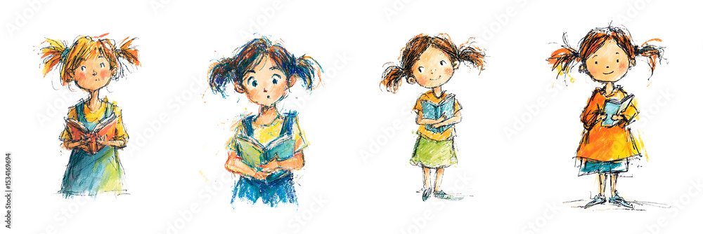 Fototapeta premium this is an illustration featuring seven animated figures, which appear to be children standing in a row. they are depicted in a simplistic style with limited detail, characteristic of many cartoons