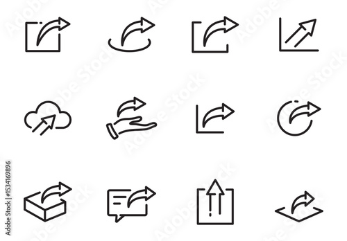 share or send icon set, data sharing, social media post, arrow button concept, thin line symbol isolated on white background, editable stroke eps 10 vector illustration