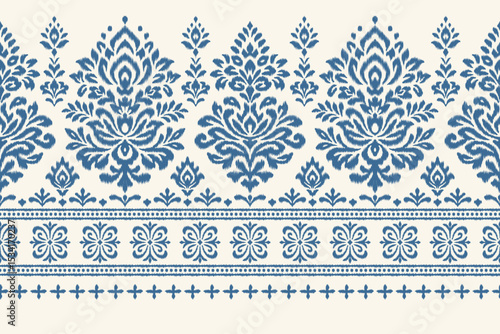 Ikat floral seamless pattern with traditional ethnic decorative border in blue on cream background, perfect for fabric, clothing, decoration, wallpaper, Aztec abstract textile texture illustration.