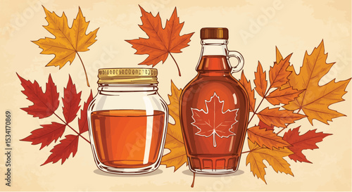 Maple Syrup Bottles with Autumn Leaves