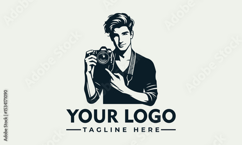 Stylish portrait illustration of a young man holding a professional DSLR camera. Photography hobby concept