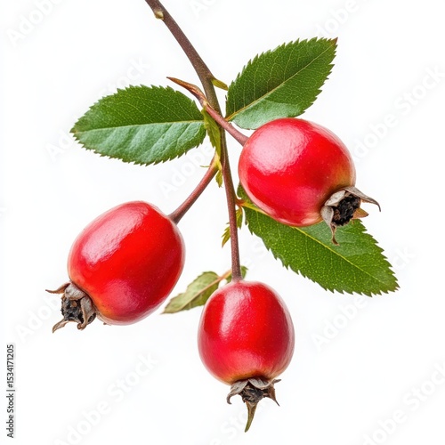 Rosehips with leaves close up on a white background