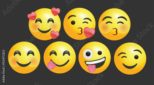 high quality icon 3d vector round yellow cartoon goofy emoticons kiss social media Valentine's Facebook smile chat comment reactions crazy template face love laughter emoji character message