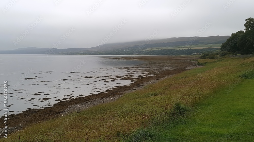 Serene coastal scene calm water, exposed shoreline with seaweed, grassy banks, and distant misty hills under an overcast sky Serene coastal scene calm water, exposed shoreline with seaweed, grassy banks, and distant misty hills under an overcast sky