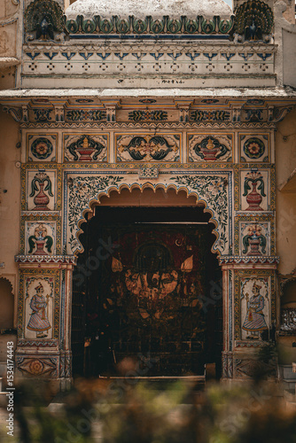 Intricately Ornate Archway at City Palace, Udaipur, Rajasthan: Traditional Indian Frescoes and Heritage Architecture