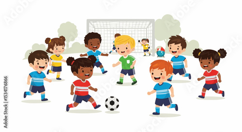 youth soccer game vector with happy children characters