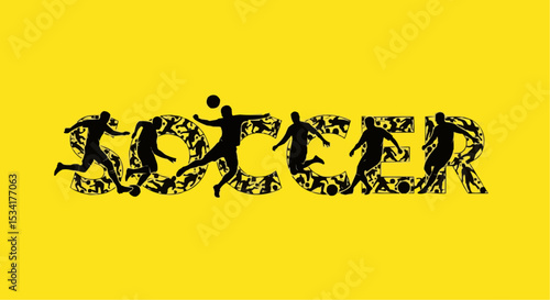 soccer text filled with silhouettes of football players in action