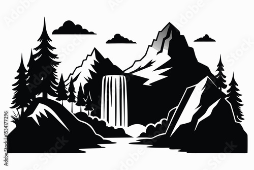 Striking Black and White Landscape with Mountains, Waterfall, Trees, and Clouds Illustration
