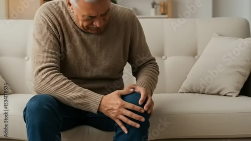Elderly man experiencing knee pain while sitting on a couch in a cozy living room setting