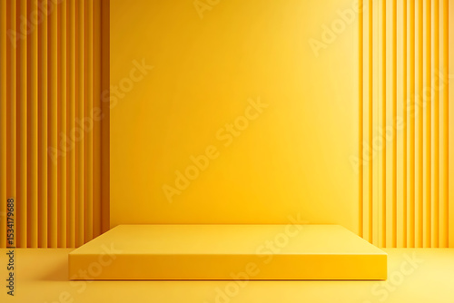 Yellow background studio interior room. Minimalist product stage platform mockup. 3d render of square empty space for product placement.