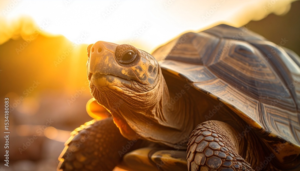 Naklejka premium Old tortoise wrinkles in golden sunset light