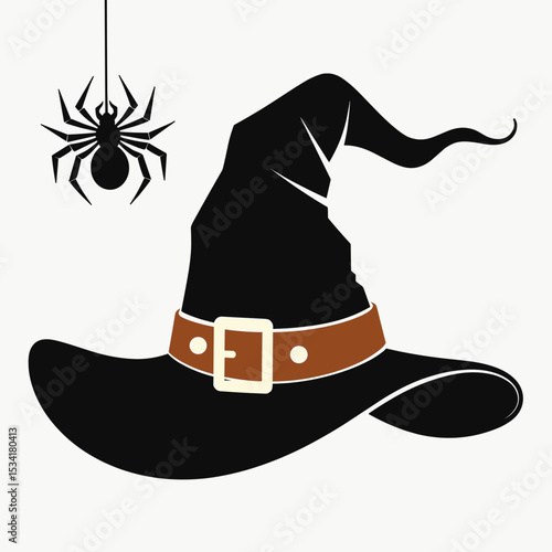 Witch hat with spider hanging in minimalist black and white design  