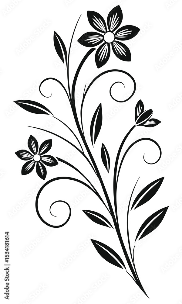 Black and White Floral Branch with Swirls and Flowers Black and White Floral Branch with Swirls and Flowers