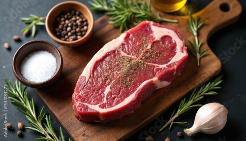 Top view of London broil steak with rosemary, salt, pepper, garlic and olive oil. Raw meat ready for cooking. Culinary background. Steak preparation with ingredients. Fresh food concept.