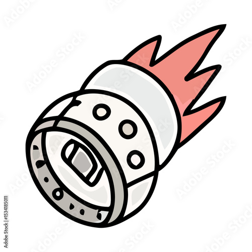 Hand-drawn rocket can launching with flames, a creative metaphor for speedy API responses and 'Content-Type application/json' data transfer.