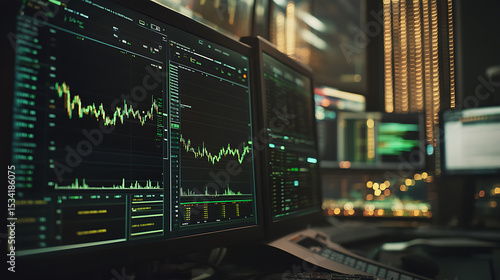 Wallpaper Mural Financial Trading Screens Displaying Stock Market Graphs in a Modern Office at Night Torontodigital.ca