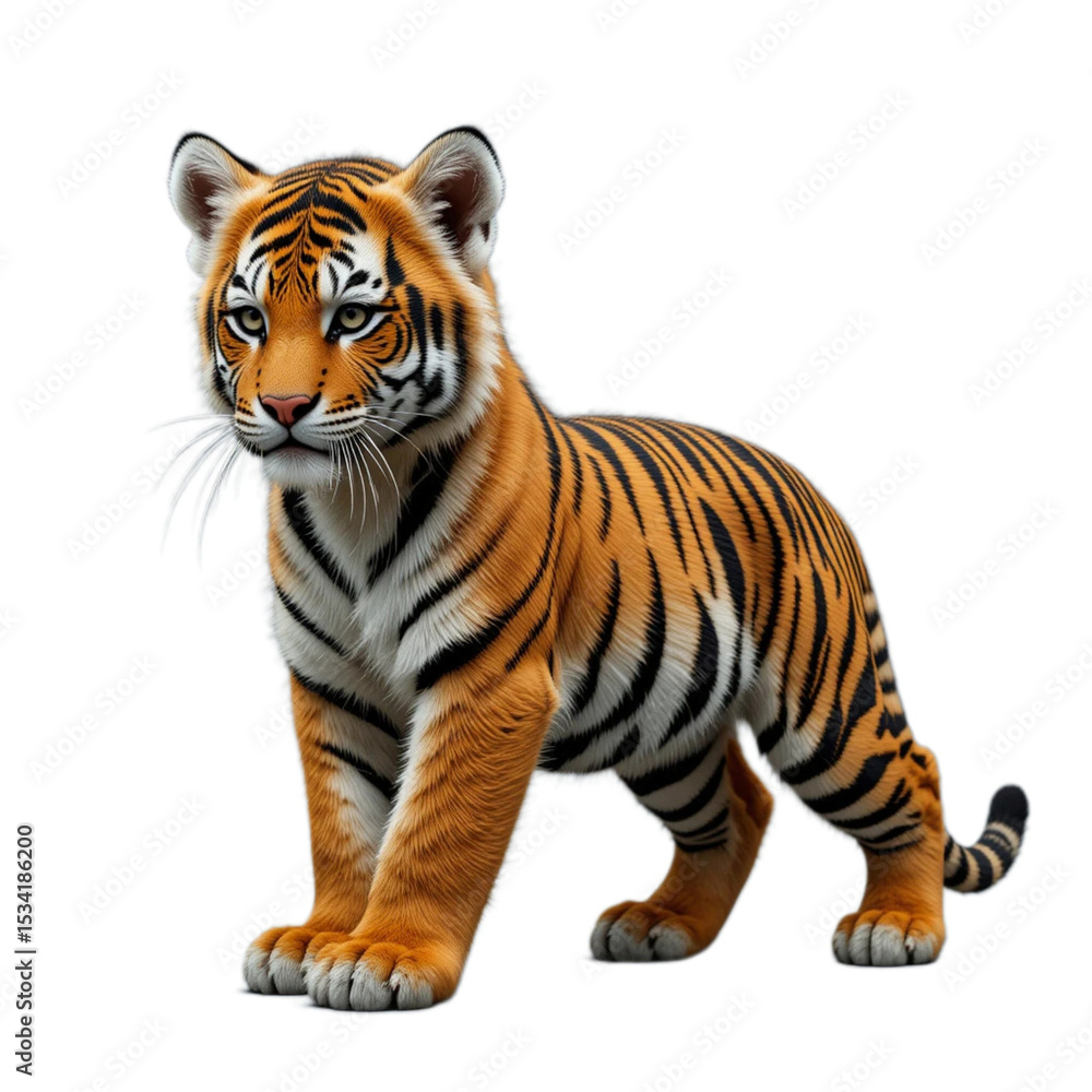 Fototapeta premium Realistic tiger figurine standing confidently with a fierce expression on a white background