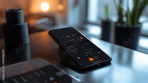 Smartphone displaying app interface on a modern table in a cozy room