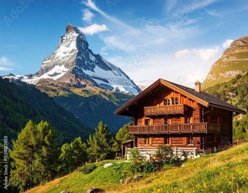 Alpine chalet nestled in valley, majestic mountain peak
