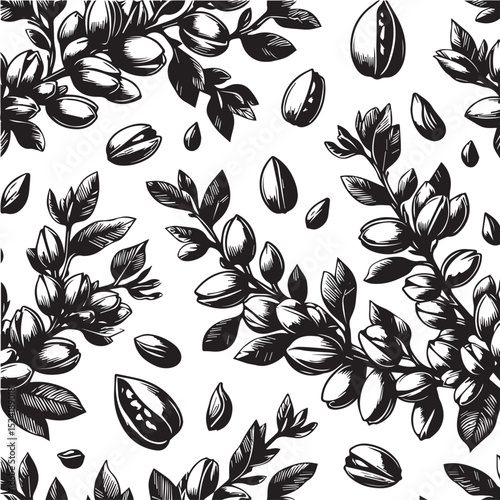 Pistachio branch seamless border with nuts and leaves. Vector black and white illustration hand drawn with ink silhouette vector