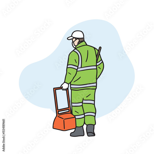 A street cleaner in a green uniform is cleaning the streets with a broom. A vector element related to hand-drawn street cleaning