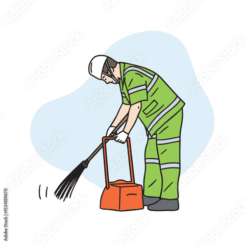 A street cleaner in a green uniform is cleaning the streets with a broom. A vector element related to hand-drawn street cleaning