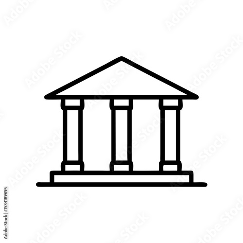 Minimalist Silhouette Icon of a Bank Building with Classical Pillars and a Triangular Roof, Simple Line Art Design on White Background Representing Financial Institution, Government, or Classical Arch