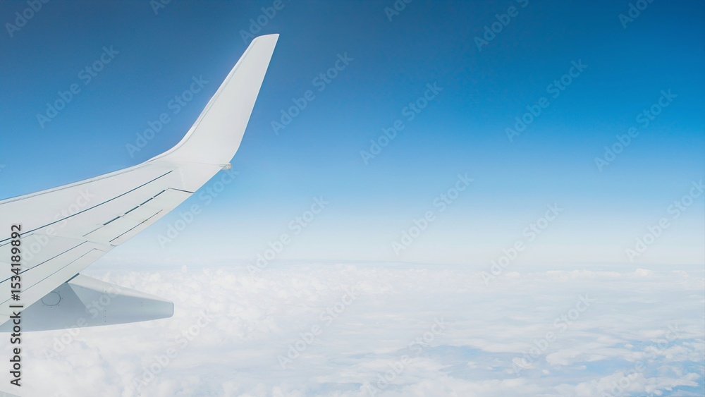 Fototapeta premium Awesome view of the Earth under the airplane wing. Amazing landscape is visible through airplane window. Traveling by plane. Flying in the cumulus sky among clouds.