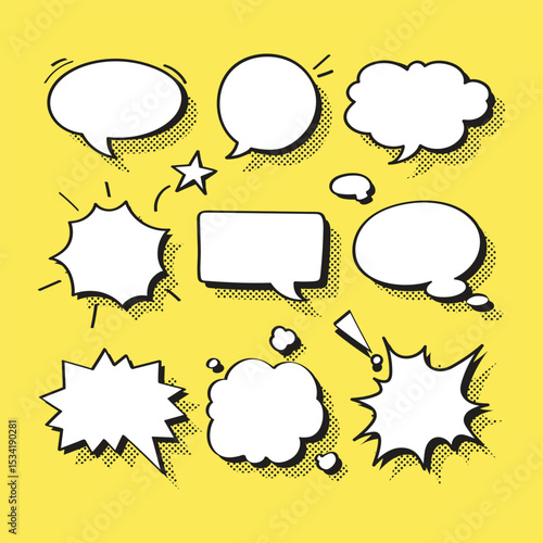 Cartoon comic speech bubble collection. Set of speech bubble with halftone. Cartoon cloud collection. Comic speech bubble frame. Hand drawn retro cartoon stickers. Pop art style. Vector illustration.