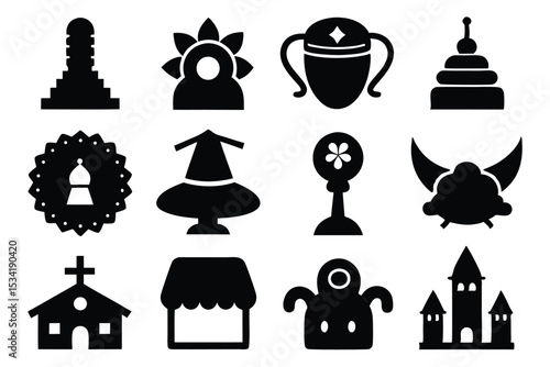 Collection of stylized black silhouettes representing various icons and symbols on white