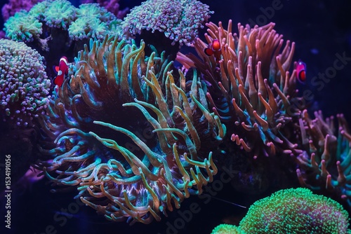 Entacmaea quadricolor, green fluorescent bubble tip anemone animal hunt for plankton food and protect Amphiprion ocellaris, live rock reef marine aquascape, popular aquarist hobby, underwater wildlife