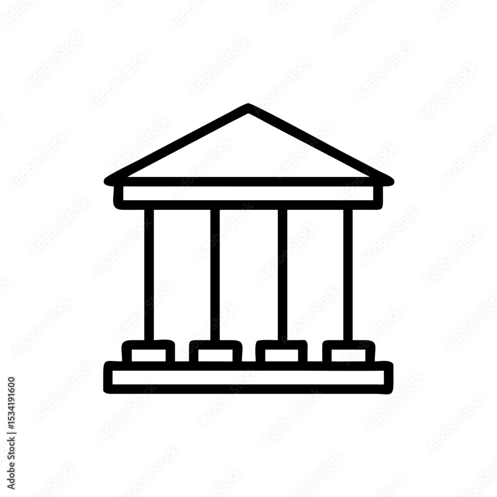Minimalist Silhouette Icon of a Bank Building with Classical Pillars and a Triangular Roof, Simple Line Art Design on White Background Representing Financial Institution, Government, or Classical Arch Minimalist Silhouette Icon of a Bank Building with Classical Pillars and a Triangular Roof, Simple Line Art Design on White Background Representing Financial Institution, Government, or Classical Arch