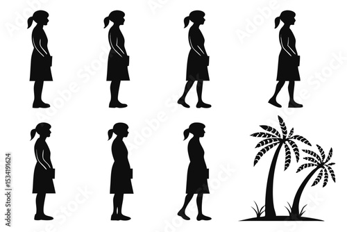 Silhouetted woman walking across beach scene with palm trees elegant vector illustration
